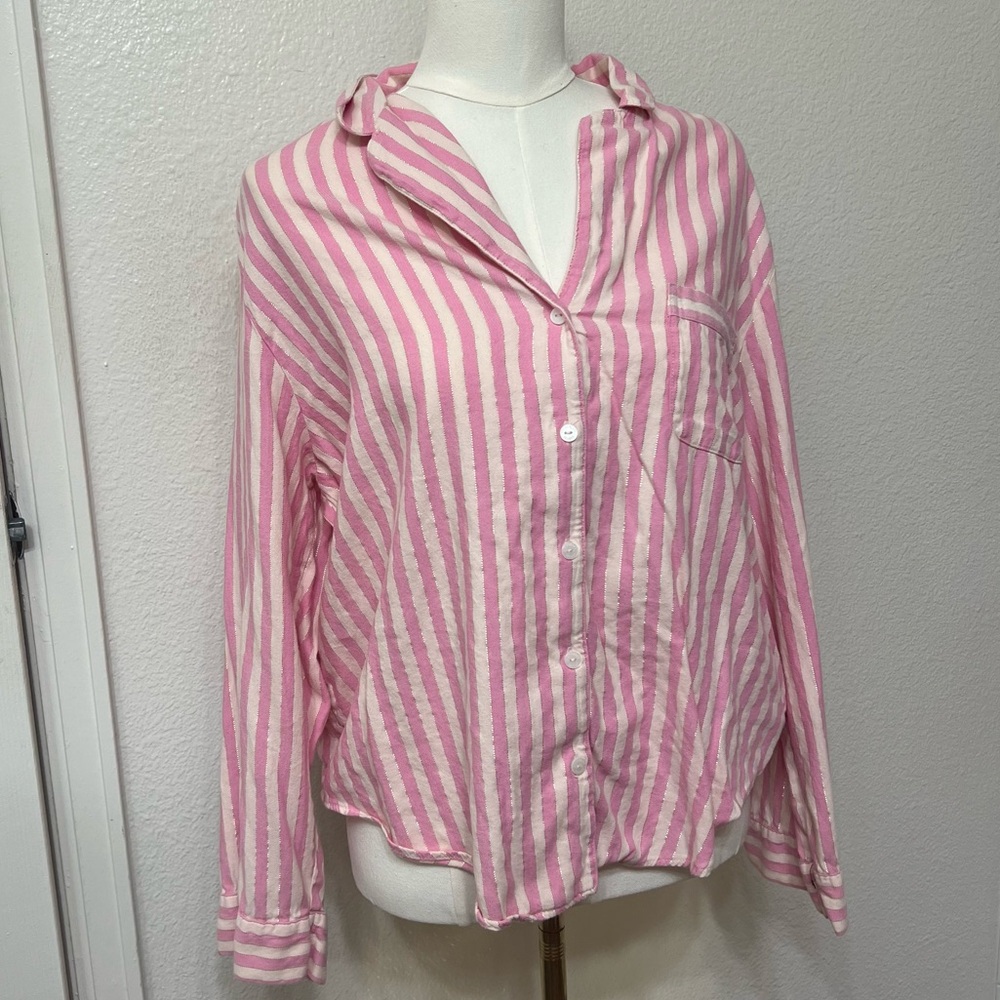 Victoria’s Secret pink white striped flannel pjs pajamas long sleeve top